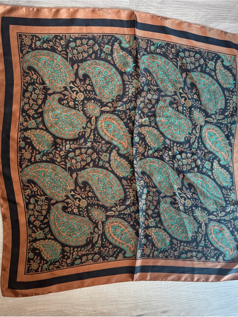 Silk Paisley Square Scarf in Black, Teal & Brown